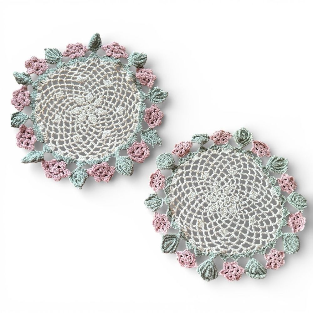 Vintage Set of 2 Crochet Floral Doilies in Pastel Pink & Mint Green 9”